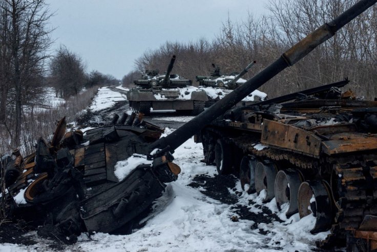 A charred Russian tank and captured tanks are seen, amid Russia's invasion of Ukraine, in the Sumy region, Ukraine, March 7, 2022. Irina Rybakova/Press service of the Ukrainian Ground Forces/Handout via REUTERS